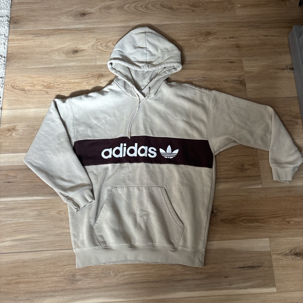 Adidas Cream Hoodie with Dark Brown Stripe